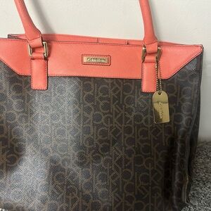 Calvin Klein Coral and Brown Signature Tote